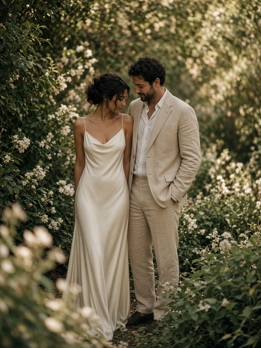 Casal em um jardim, no dia do casamento.