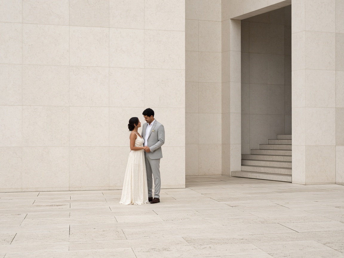 Casal em um pátio de pedra clara.